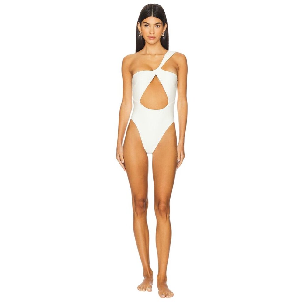 White One-Shoulder Cutout Women Swim One Piece